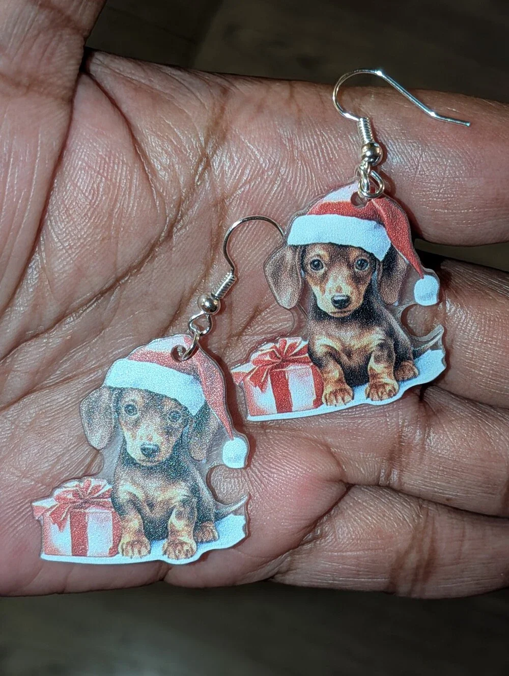 Hand Crafted Dachshund in Santa Hat Acrylic Drop Earrings - Red & Brown